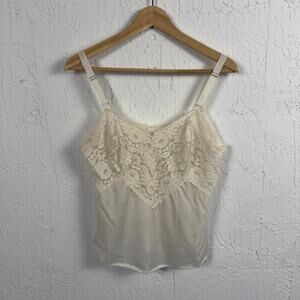 Vintage 70s Cream Lace Satin Cami Tank Top Adjustable Straps Cottagecore Small